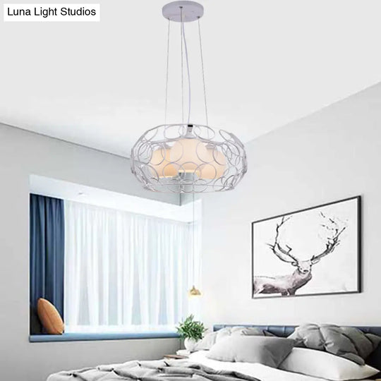 Contemporary Glass Chandelier - 3 White Lights With Cage Design