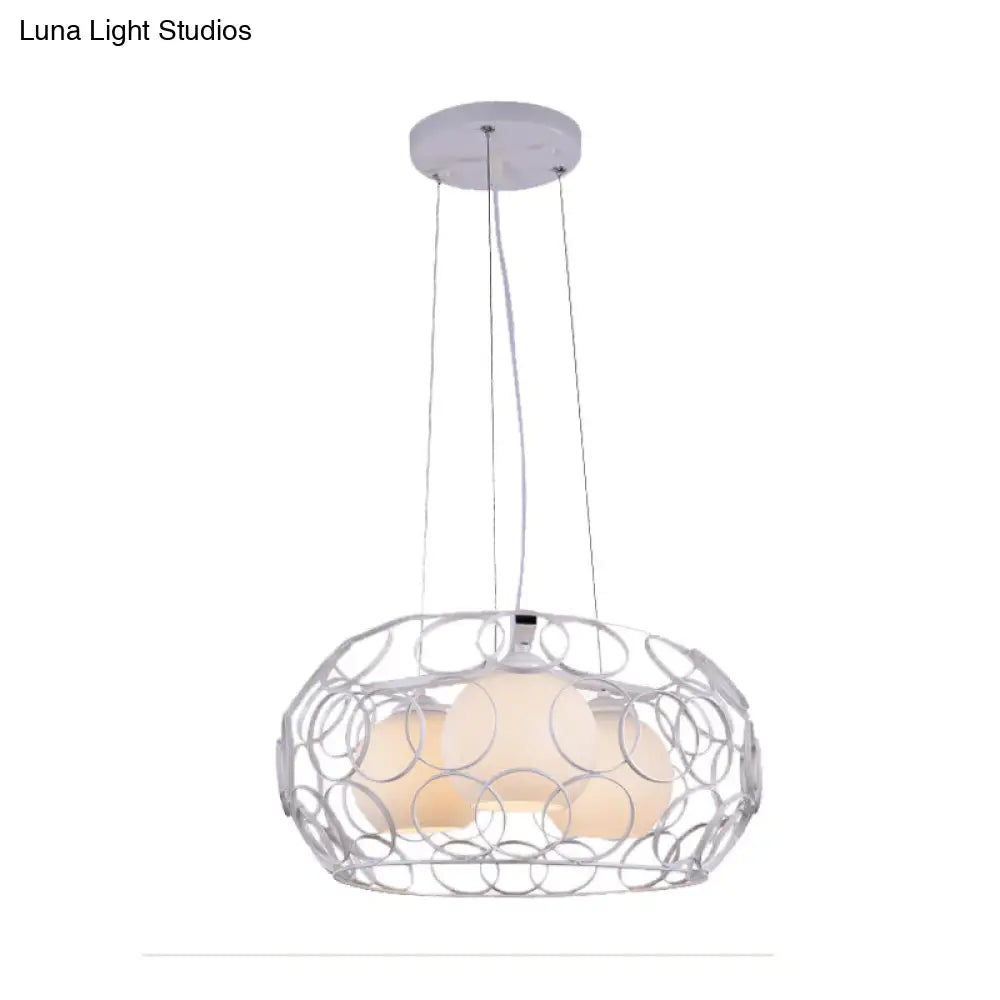 Contemporary Glass Chandelier - 3 White Lights With Cage Design