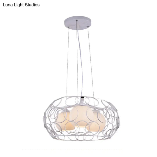 Contemporary Glass Chandelier - 3 White Lights With Cage Design