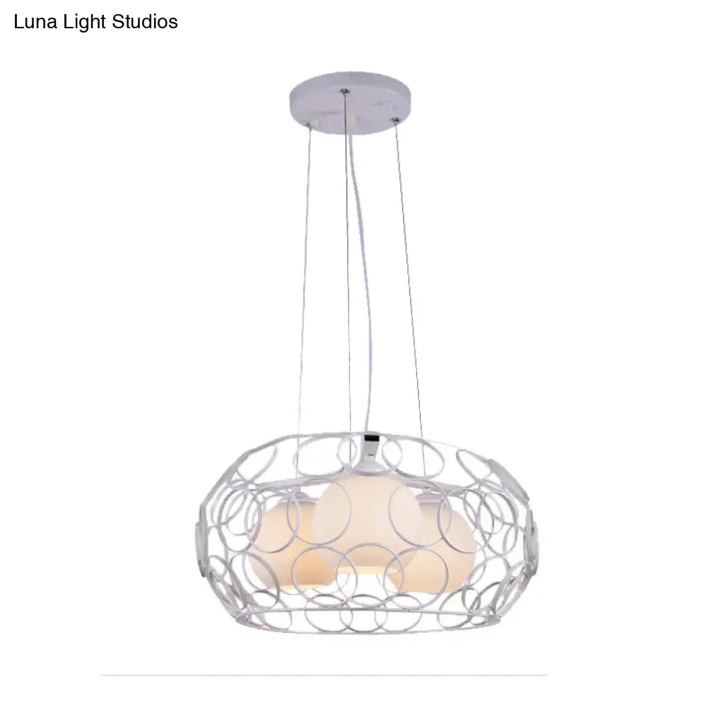 Contemporary White Glass Chandelier With Cage Design - 3-Light Hanging Ceiling Lamp