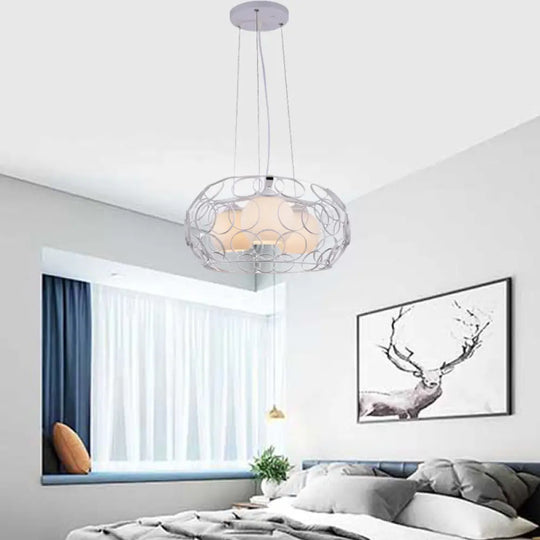 Contemporary White Glass Chandelier With Cage Design - 3-Light Hanging Ceiling Lamp