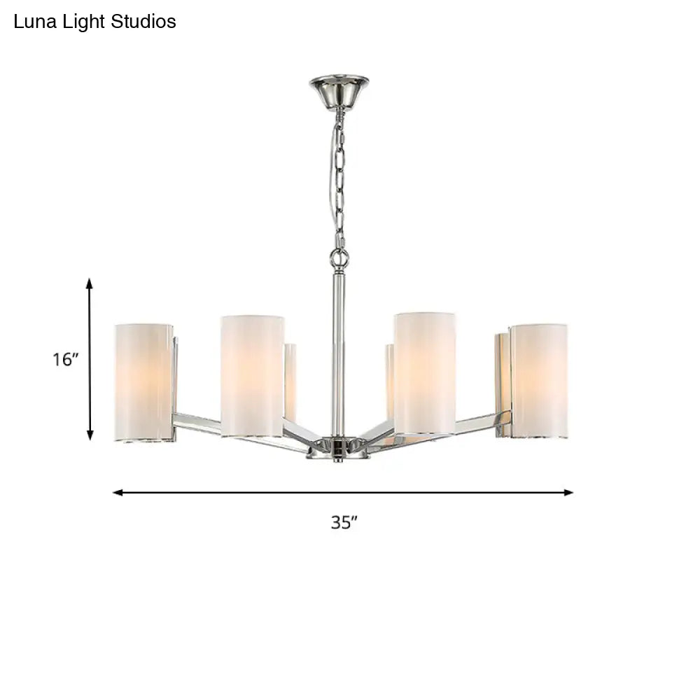 Contemporary White Glass Cylindrical Chandelier - 8-Light Silver Ceiling Pendant Lamp With