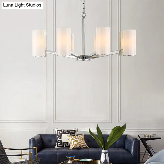 Contemporary White Glass Cylindrical Chandelier - 8-Light Silver Pendant Lamp With Adjustable Chain