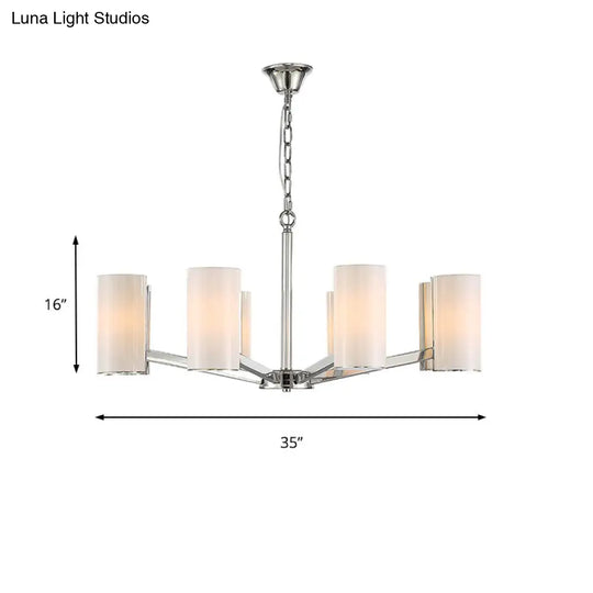 Contemporary White Glass Cylindrical Chandelier - 8-Light Silver Pendant Lamp With Adjustable Chain