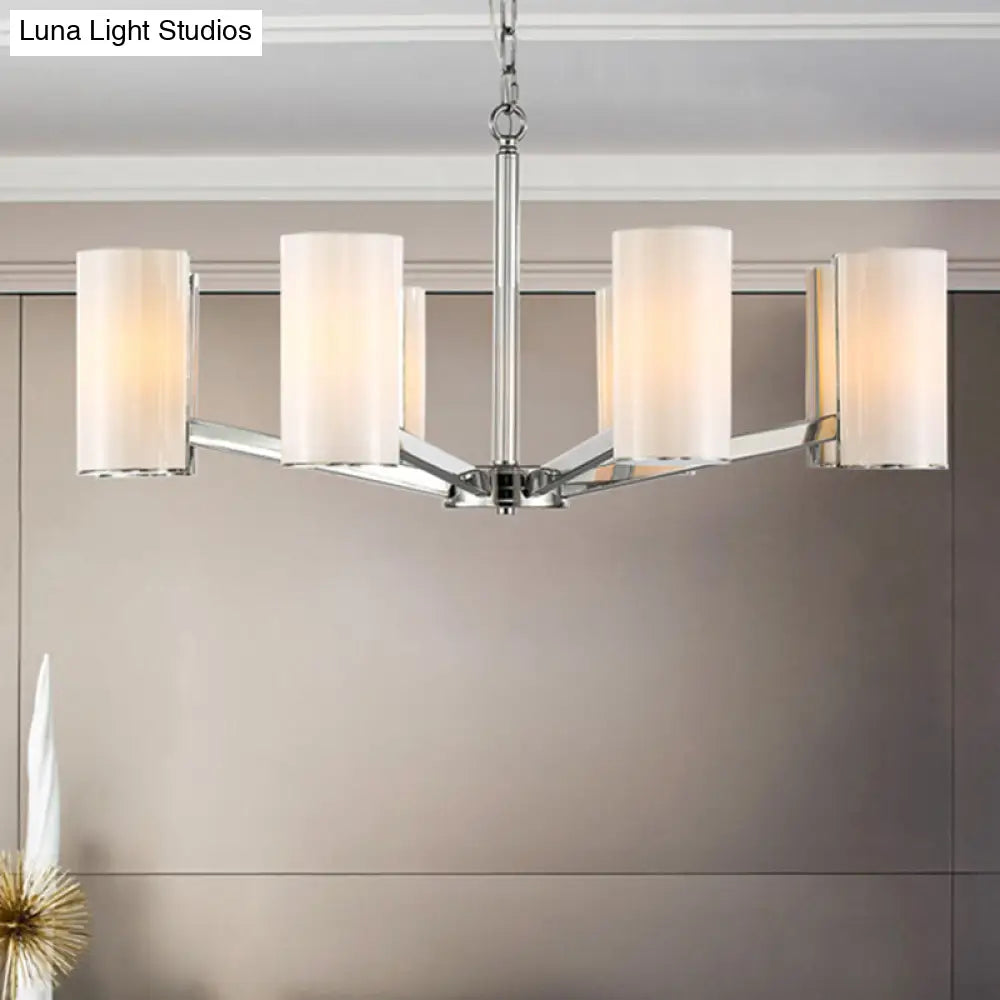 Contemporary White Glass Cylindrical Chandelier - 8-Light Silver Ceiling Pendant Lamp With