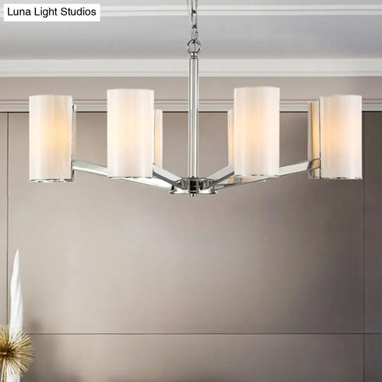 Contemporary White Glass Cylindrical Chandelier - 8-Light Silver Ceiling Pendant Lamp With