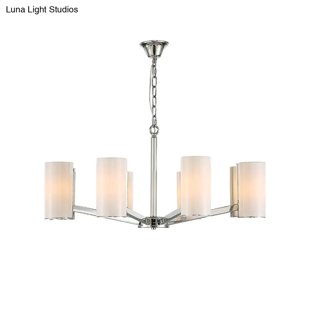 Contemporary White Glass Cylindrical Chandelier - 8-Light Silver Ceiling Pendant Lamp With