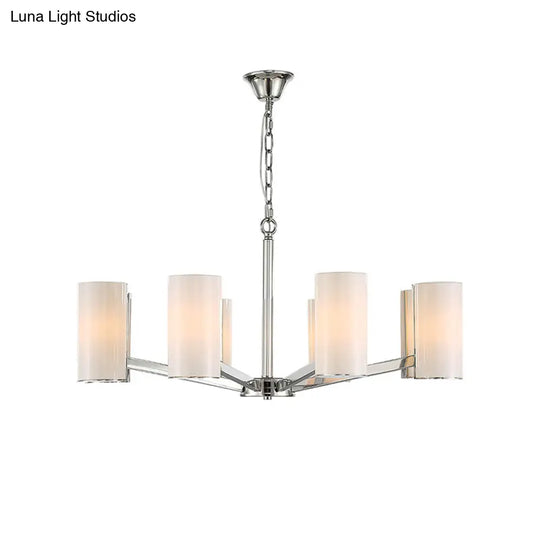 Contemporary White Glass Cylindrical Chandelier - 8-Light Silver Ceiling Pendant Lamp With