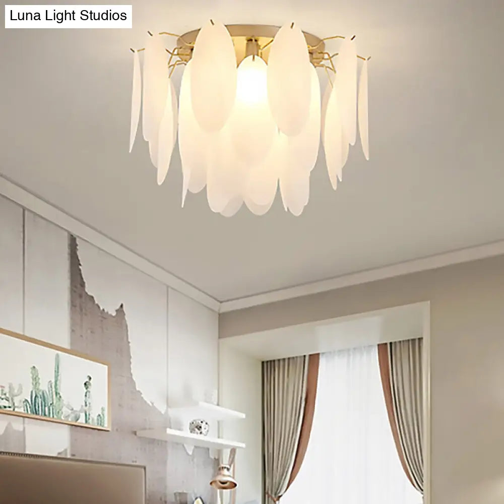 Contemporary White Glass Feather-Shaped Flush Mount Lamp - 22.5/28 Wide 6-Light Living Room Ceiling