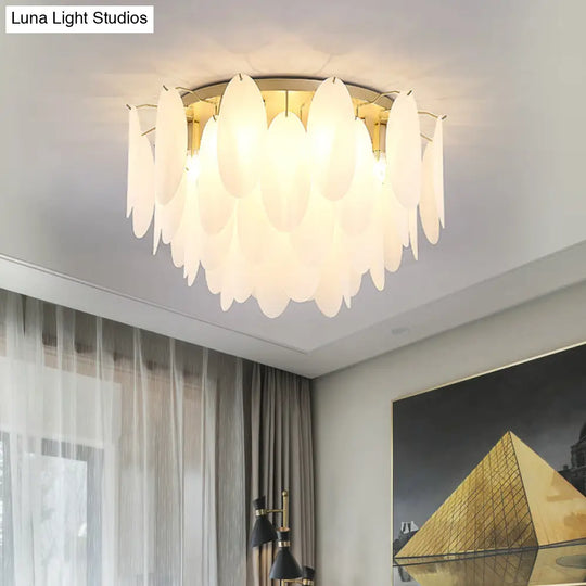 Contemporary White Glass Feather-Shaped Flush Mount Lamp - 22.5’/28’ Wide 6-Light Living Room