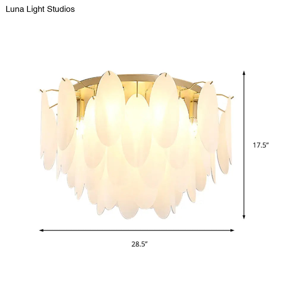 Contemporary White Glass Feather-Shaped Flush Mount Lamp - 22.5’/28’ Wide 6-Light Living Room