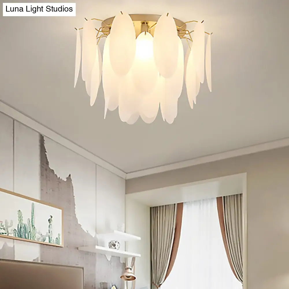Contemporary White Glass Feather-Shaped Flush Mount Lamp - 22.5’/28’ Wide 6-Light Living Room