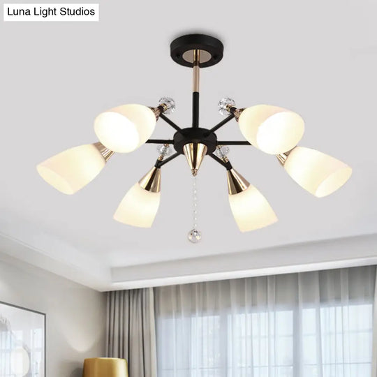 Contemporary White Glass Flared Ceiling Chandelier - 6 Bulbs Black