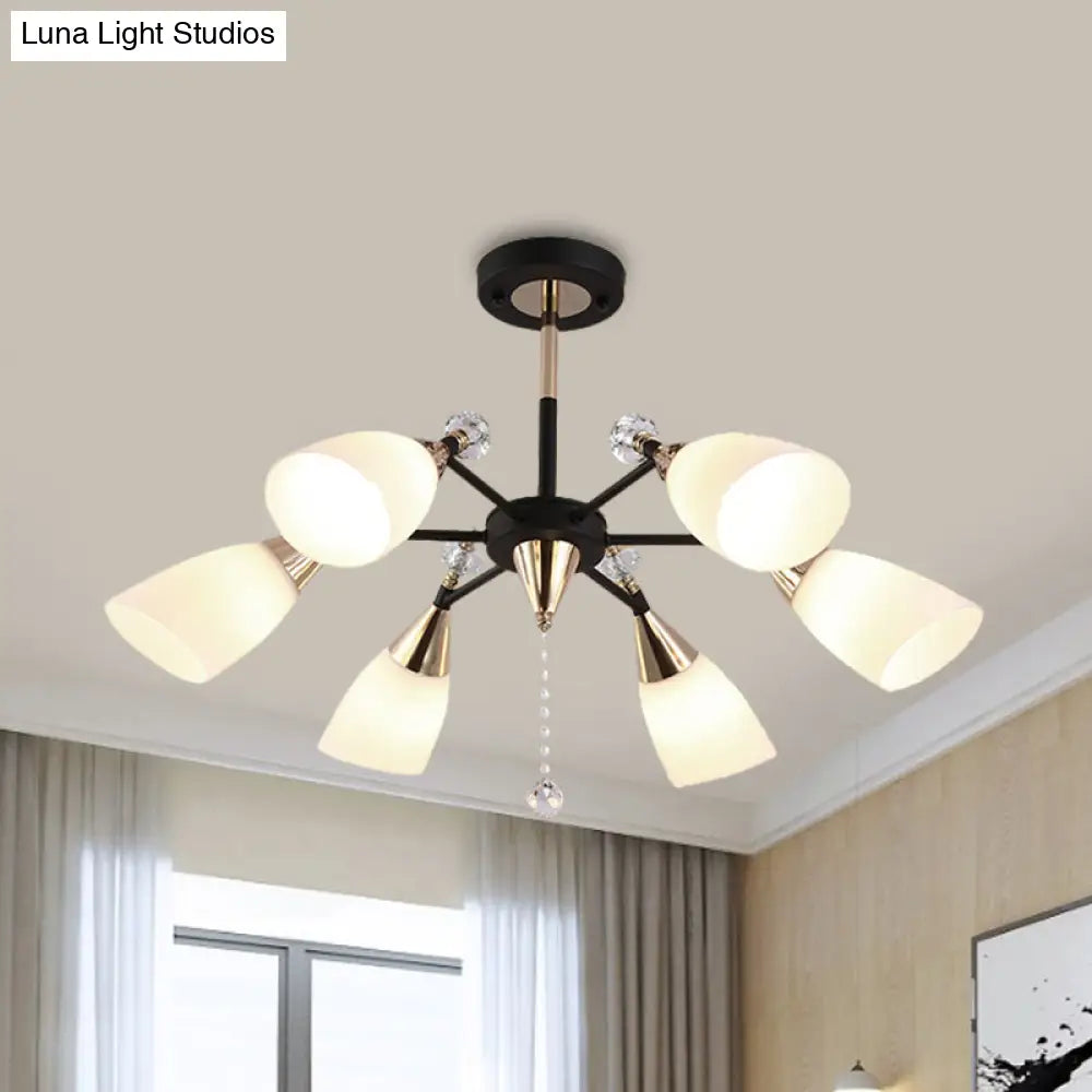 Contemporary White Glass Flared Ceiling Chandelier - 6 Bulbs Black