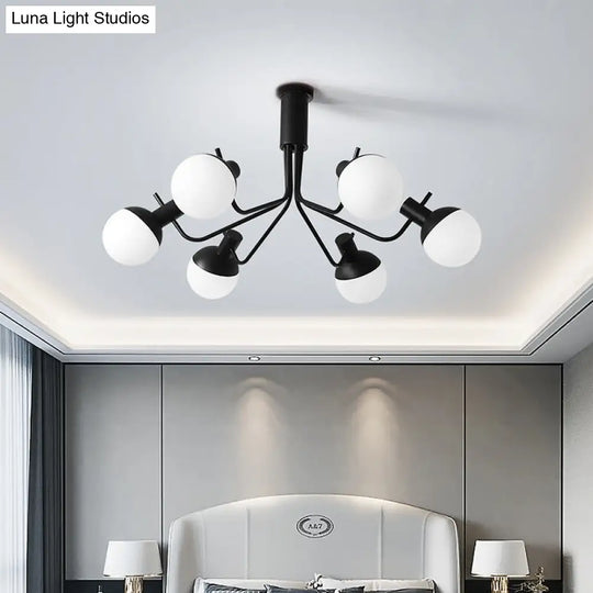 Contemporary White Glass Semi Flush Ceiling Lamp With Black Finish - 6/8 Head Sphere Design