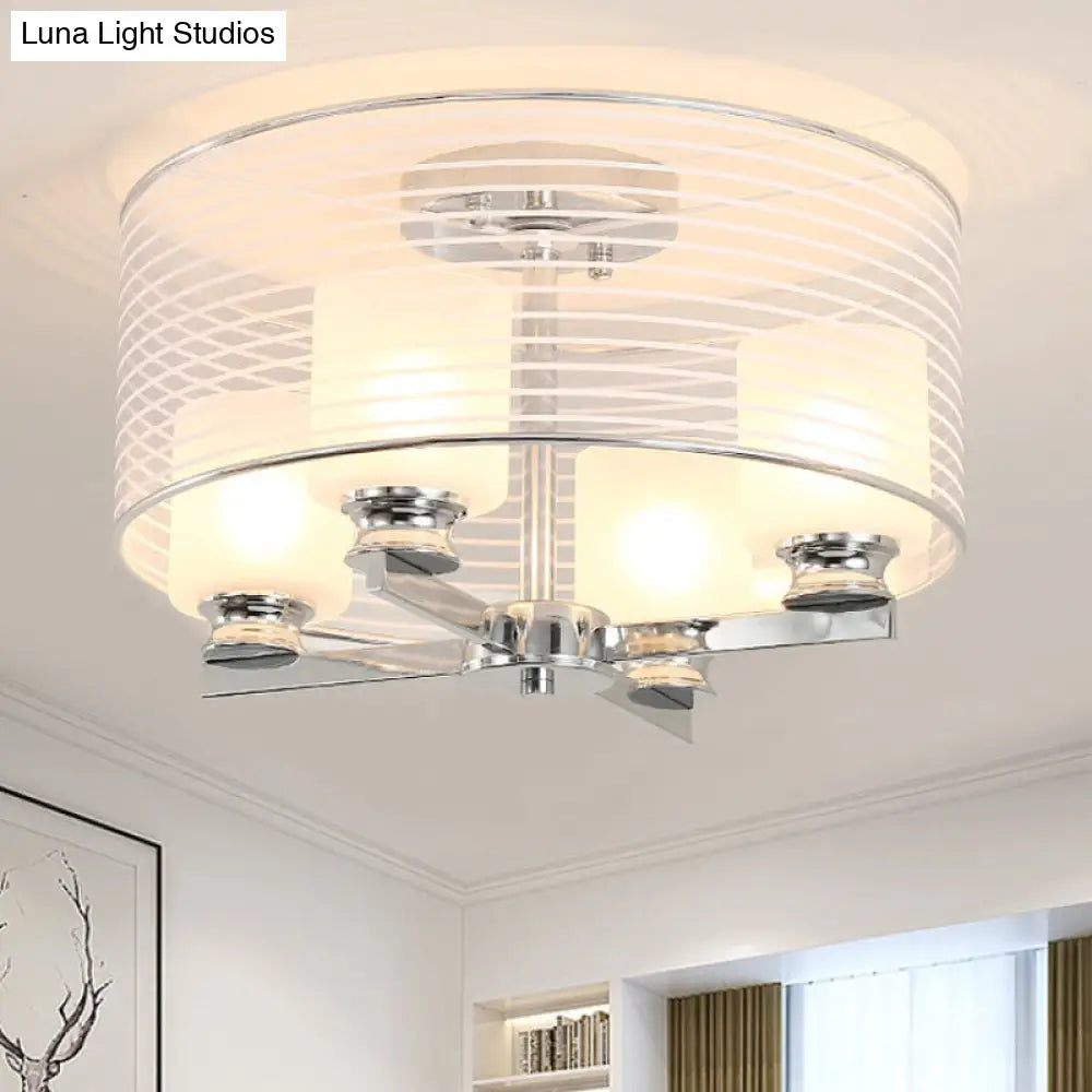 Contemporary White Glass Semi Flush Mount Ceiling Lamp - 4 Lights Chrome Fixture With Band Shade