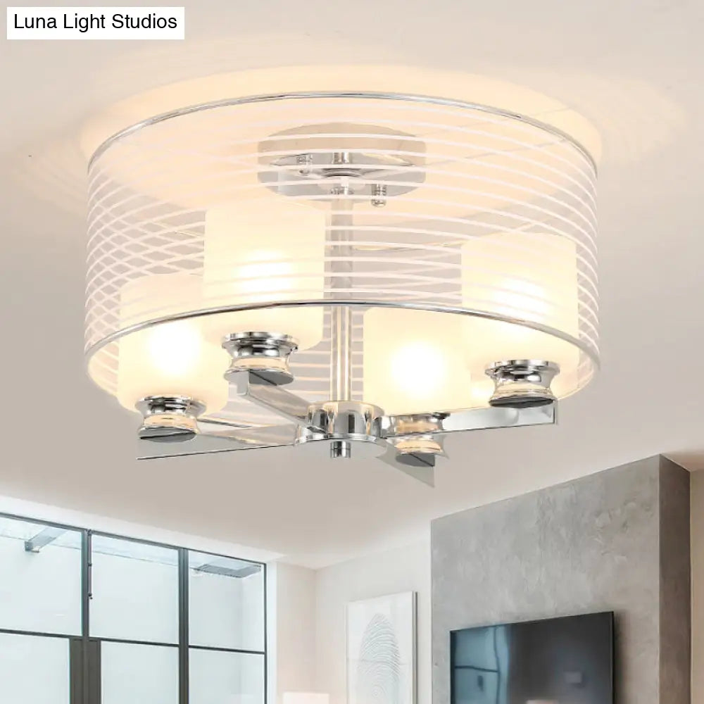 Contemporary White Glass Semi Flush Mount Ceiling Lamp - 4 Lights Chrome Fixture With Band Shade