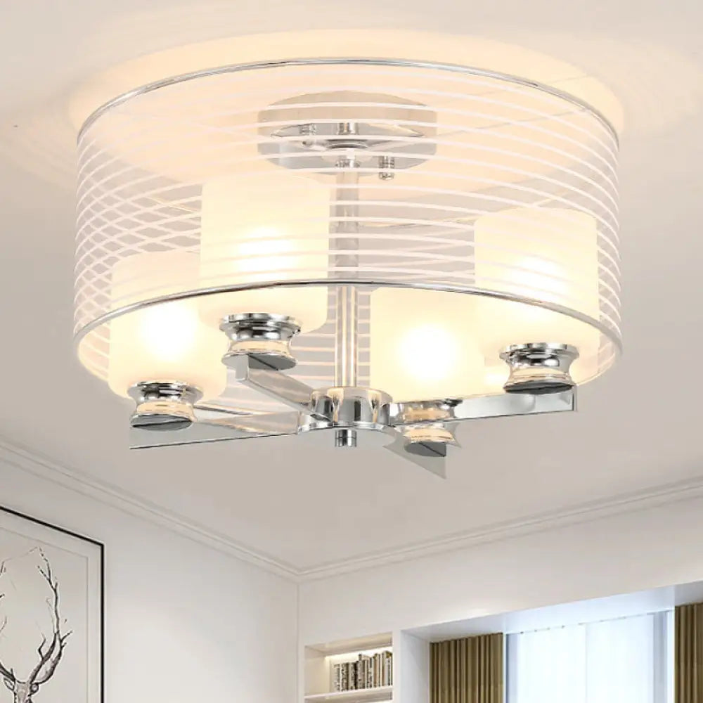 Contemporary White Glass Semi Flush Mount Ceiling Lamp - 4 Lights Chrome Fixture With Band Shade