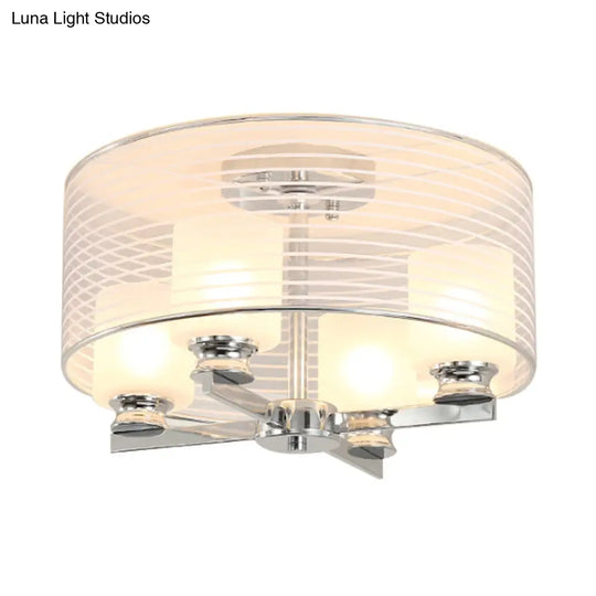 Contemporary White Glass Semi Flush Mount Ceiling Lamp - 4 Lights Chrome Fixture With Band Shade