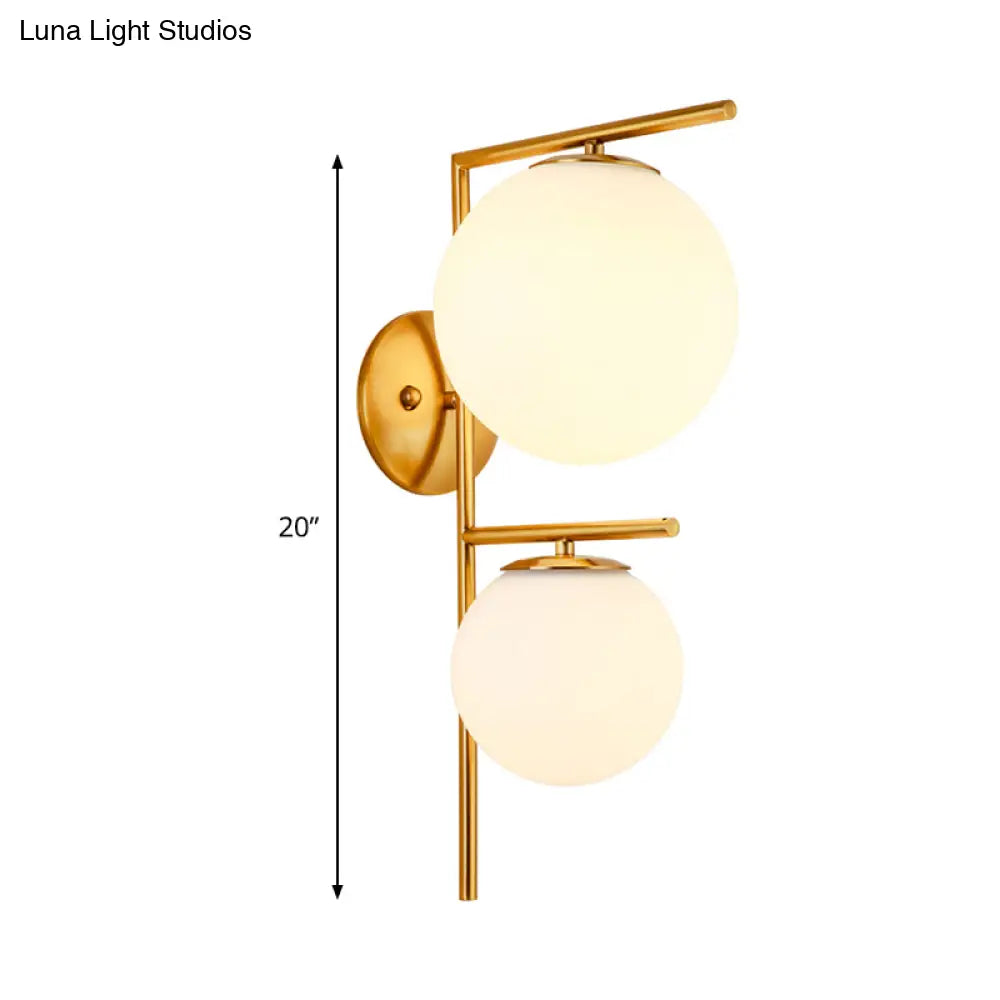 Contemporary White Glass Spherical Sconce With 2 Gold Heads - Wall Mounted Light Fixture