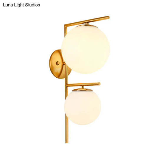 Contemporary White Glass Spherical Sconce With 2 Gold Heads - Wall Mounted Light Fixture