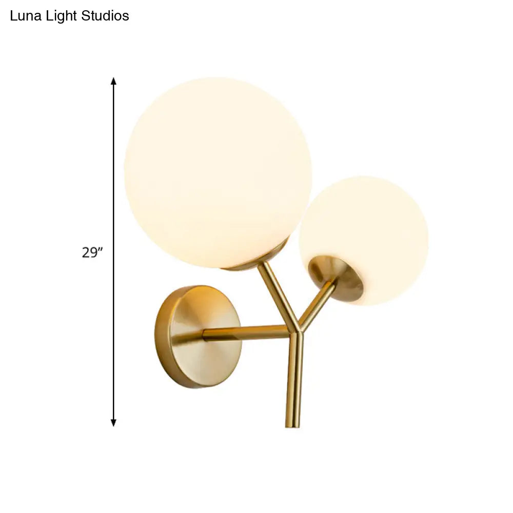 Contemporary White Glass Spherical Sconce With 2 Gold Heads - Wall Mounted Light Fixture