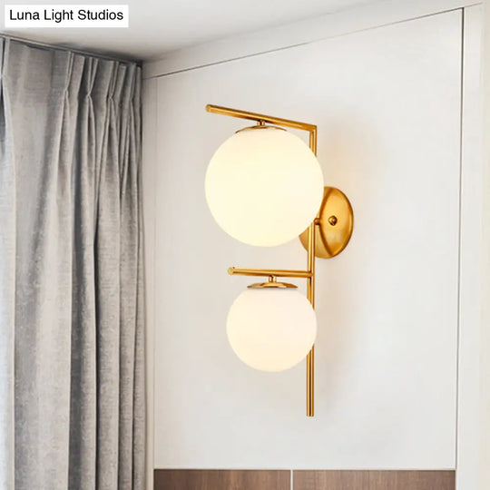 Contemporary White Glass Spherical Sconce With 2 Gold Heads - Wall Mounted Light Fixture