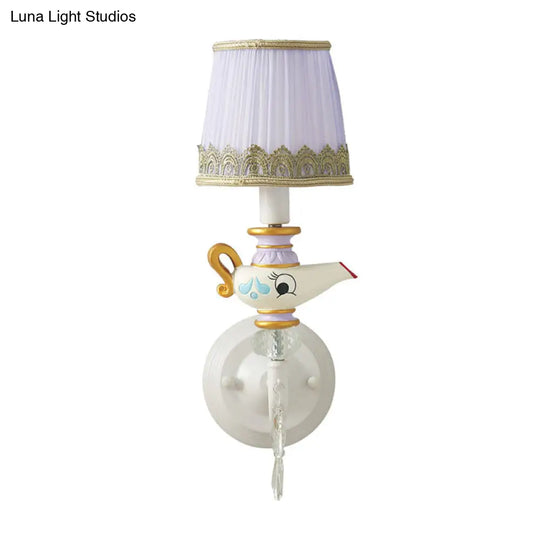 Contemporary White-Gold Teapot Deco Indoor Sconce Light With Barrel Fabric Shade