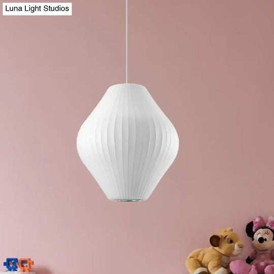 Contemporary White Hanging Light With Pear Fabric Shade - 1 Bulb Ceiling Pendant 12.5’/17’W