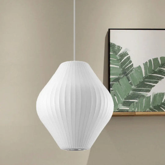 Contemporary White Hanging Light With Pear Fabric Shade - 1 Bulb Ceiling Pendant 12.5’/17’W / 12.5’