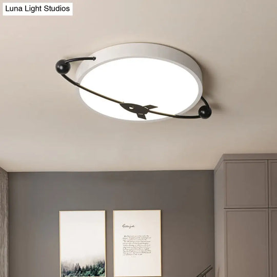 Contemporary White Led Acrylic Flush Mount Drum Ceiling Light With Airship Design - Warm/White