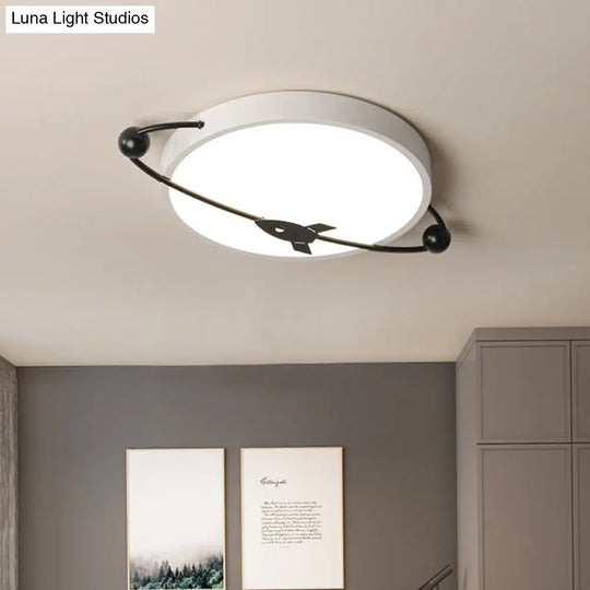 Contemporary White Led Acrylic Flush Mount Drum Ceiling Light With Airship Design - Warm/White