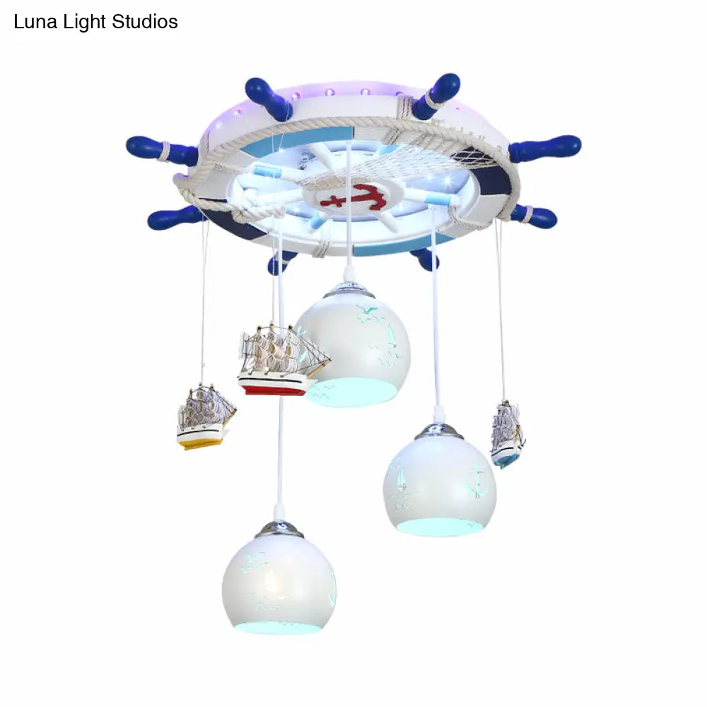 Contemporary White Led Flush Mount Fixture With Carved Glass Dome Shade And Metallic Rudder Light