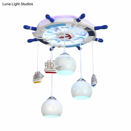 Contemporary White Led Flush Mount Fixture With Carved Glass Dome Shade And Metallic Rudder Light