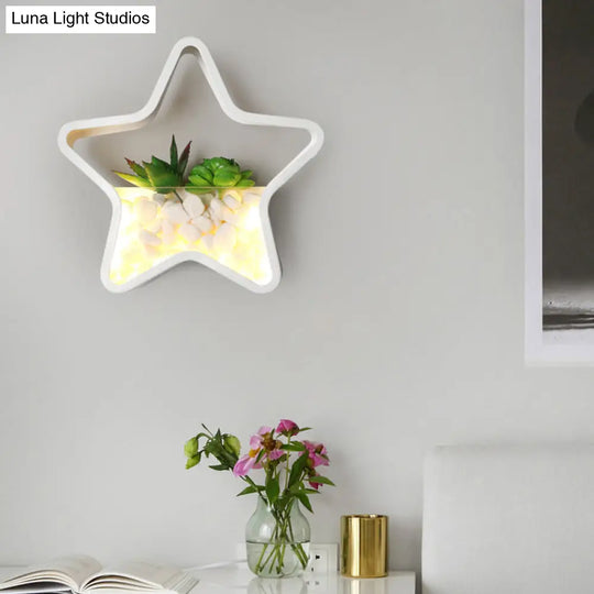 Contemporary White Metal Stone Sconce Lamp For Childs Bedroom With Fake Succulent Wall Light