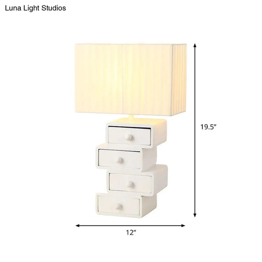 Contemporary White Nightstand Lamp With Drawer - Rectangle Fabric Table Light