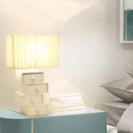 Contemporary White Nightstand Lamp With Drawer - Rectangle Fabric Table Light