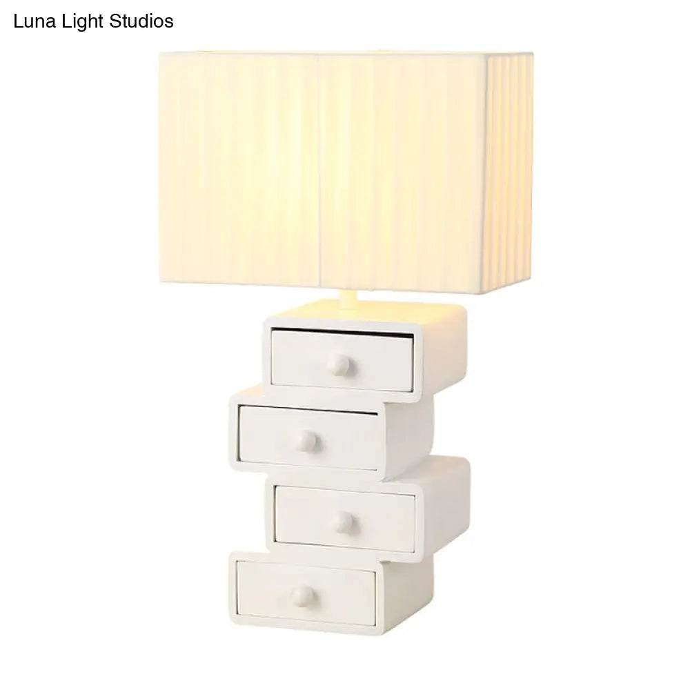 Contemporary White Nightstand Lamp With Drawer - Rectangle Fabric Table Light