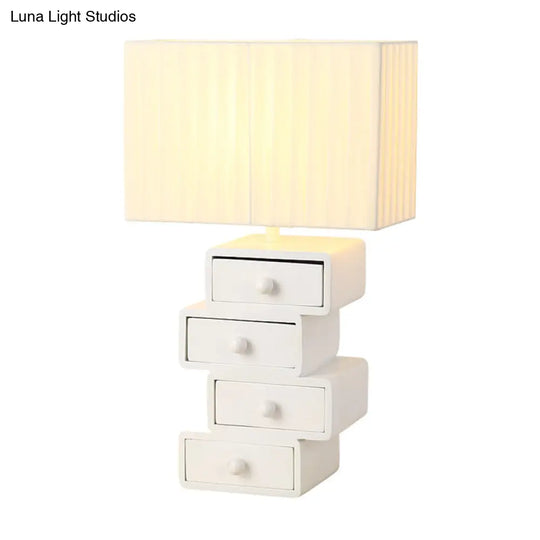 Contemporary White Nightstand Lamp With Drawer - Rectangle Fabric Table Light