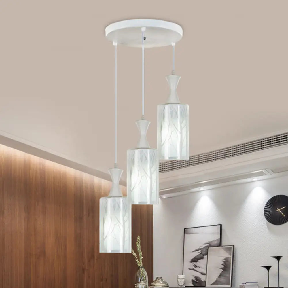 Contemporary White Pendant Lamp With Patterned Glass Shade - 3-Head Multifunctional Ceiling Light