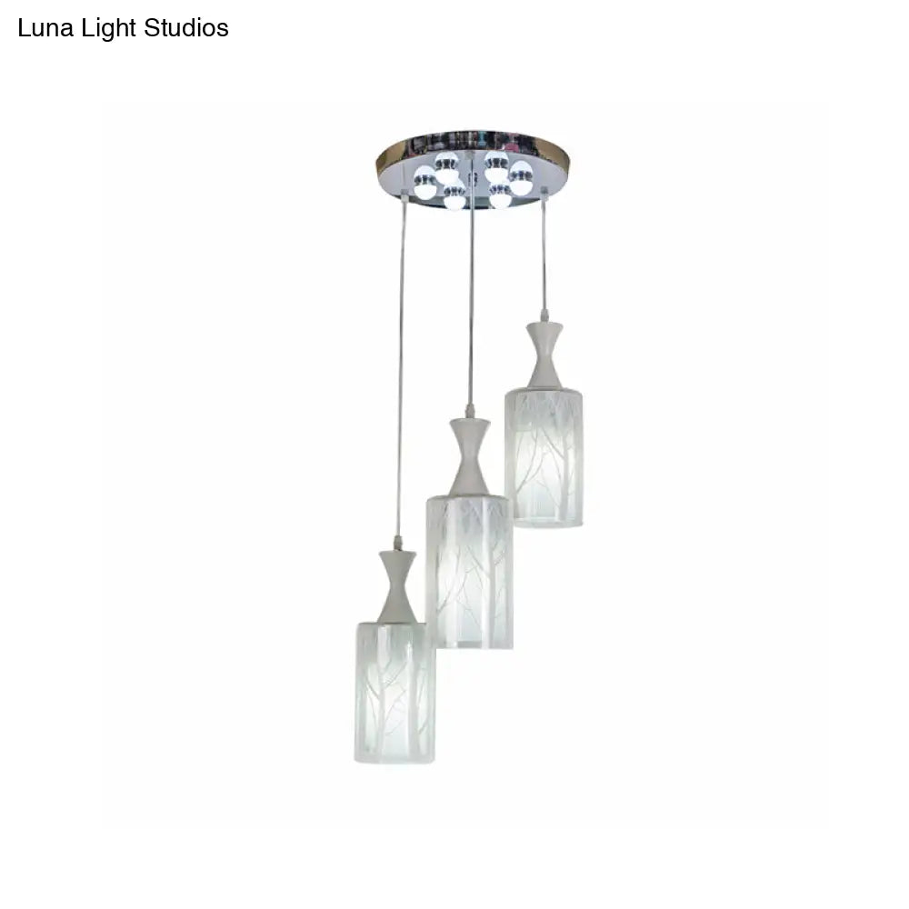 Contemporary White Pendant Lamp With Patterned Glass Shade - 3-Head Multifunctional Ceiling Light