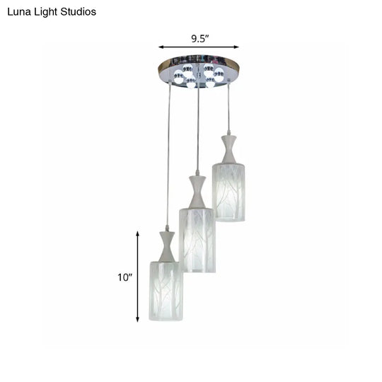 Contemporary White Pendant Lamp With Patterned Glass Shade - 3-Head Multifunctional Ceiling Light