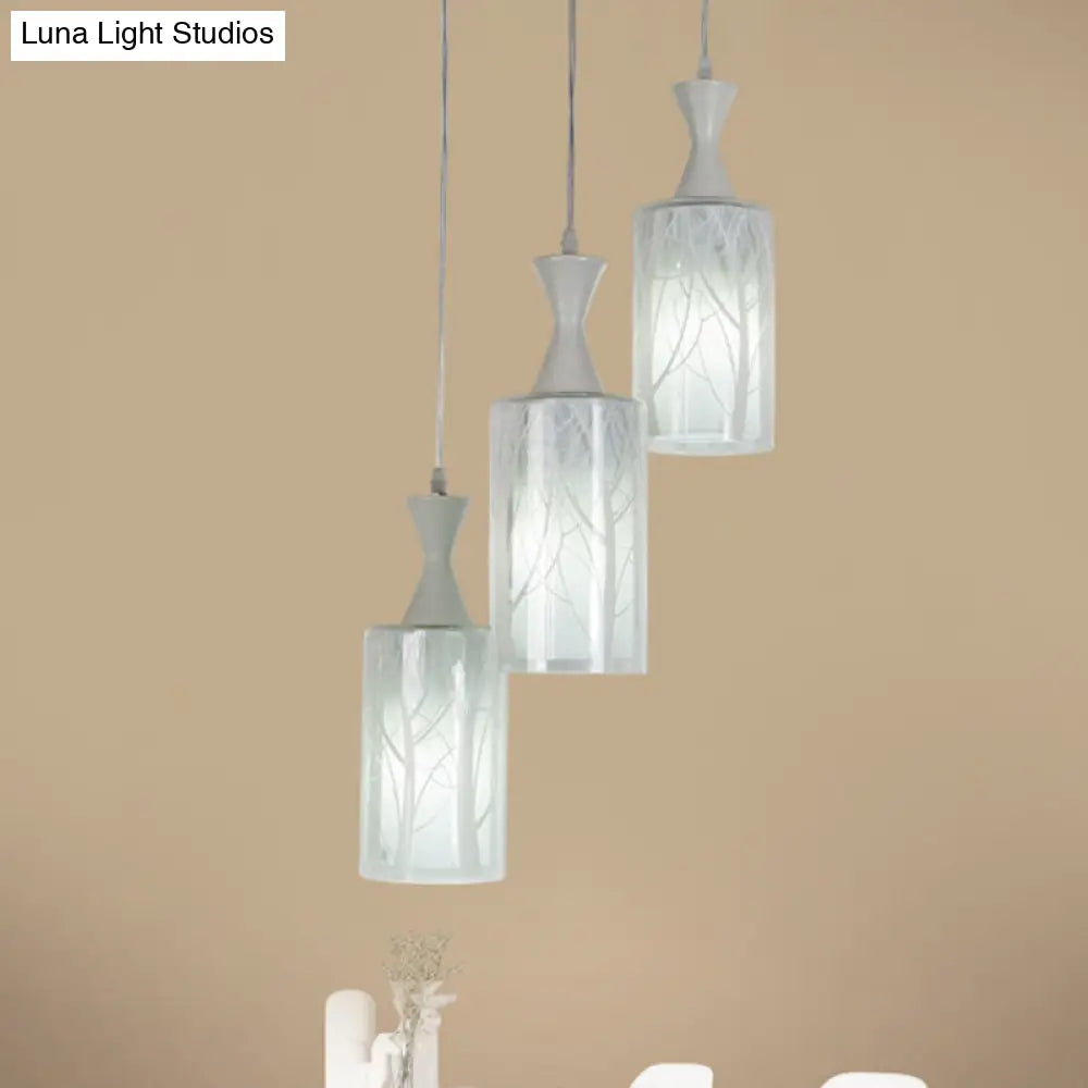 Contemporary White Pendant Lamp With Patterned Glass Shade - 3-Head Multifunctional Ceiling Light