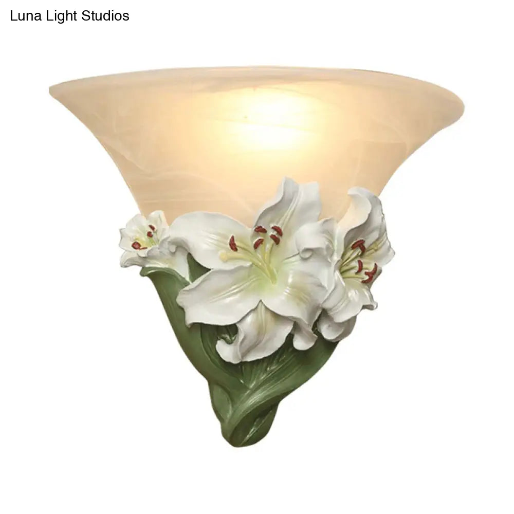 Contemporary White/Pink Lily Resin Wall Light With Frosted Glass Shade