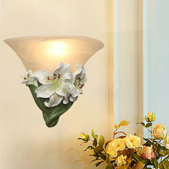 Contemporary White/Pink Lily Resin Wall Light With Frosted Glass Shade White