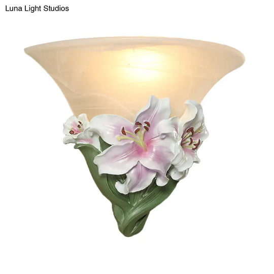 Contemporary White/Pink Lily Resin Wall Light With Frosted Glass Shade