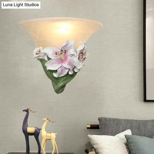 Contemporary White/Pink Lily Resin Wall Light With Frosted Glass Shade