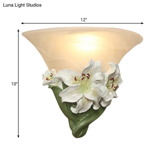 Contemporary White/Pink Lily Resin Wall Light With Frosted Glass Shade