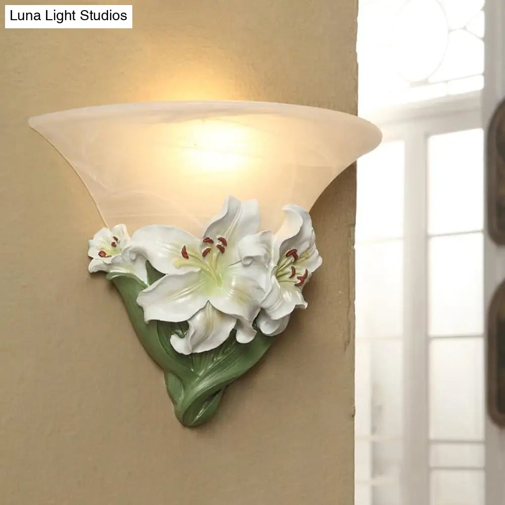 Contemporary White/Pink Lily Resin Wall Light With Frosted Glass Shade