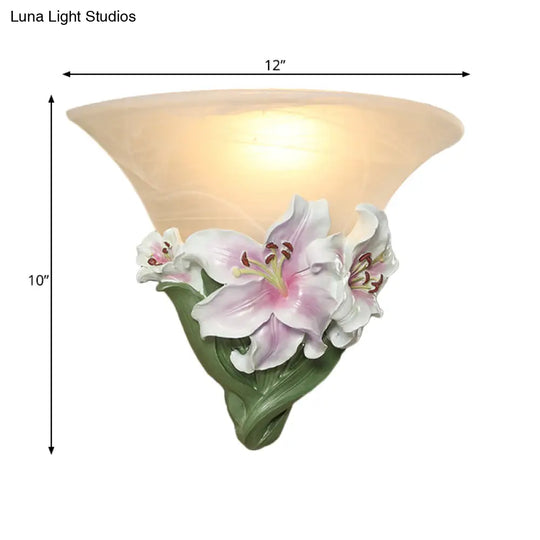 Contemporary White/Pink Lily Resin Wall Light With Frosted Glass Shade